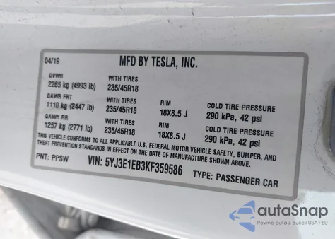 2019 Tesla Model 3 Long Range/Performance from USA, damaged, VIN 5YJ3E1EB3KF359586